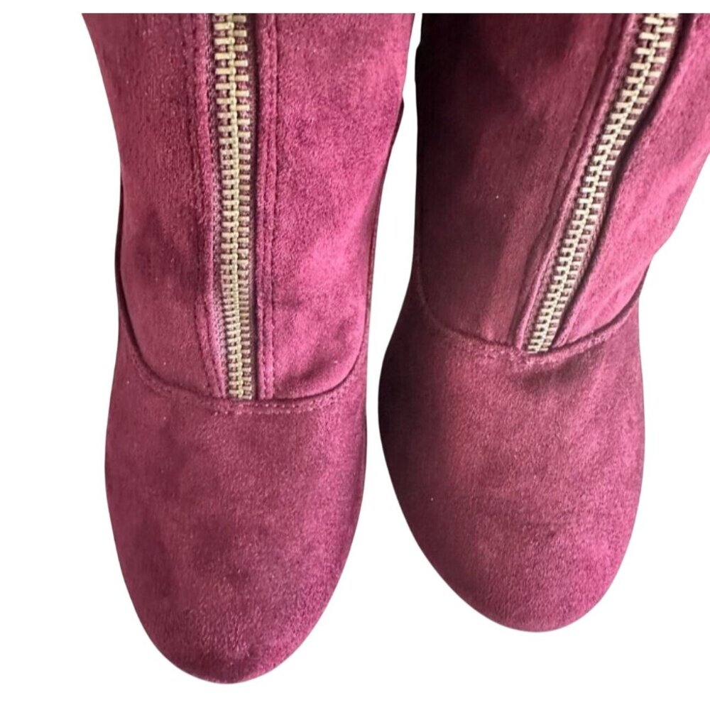 Burgundy Suede Ankle Booties With Front Zipper & Block Heels - Picture 12 of 13